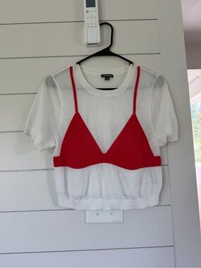 Red Trim White Knit Women’s Top by